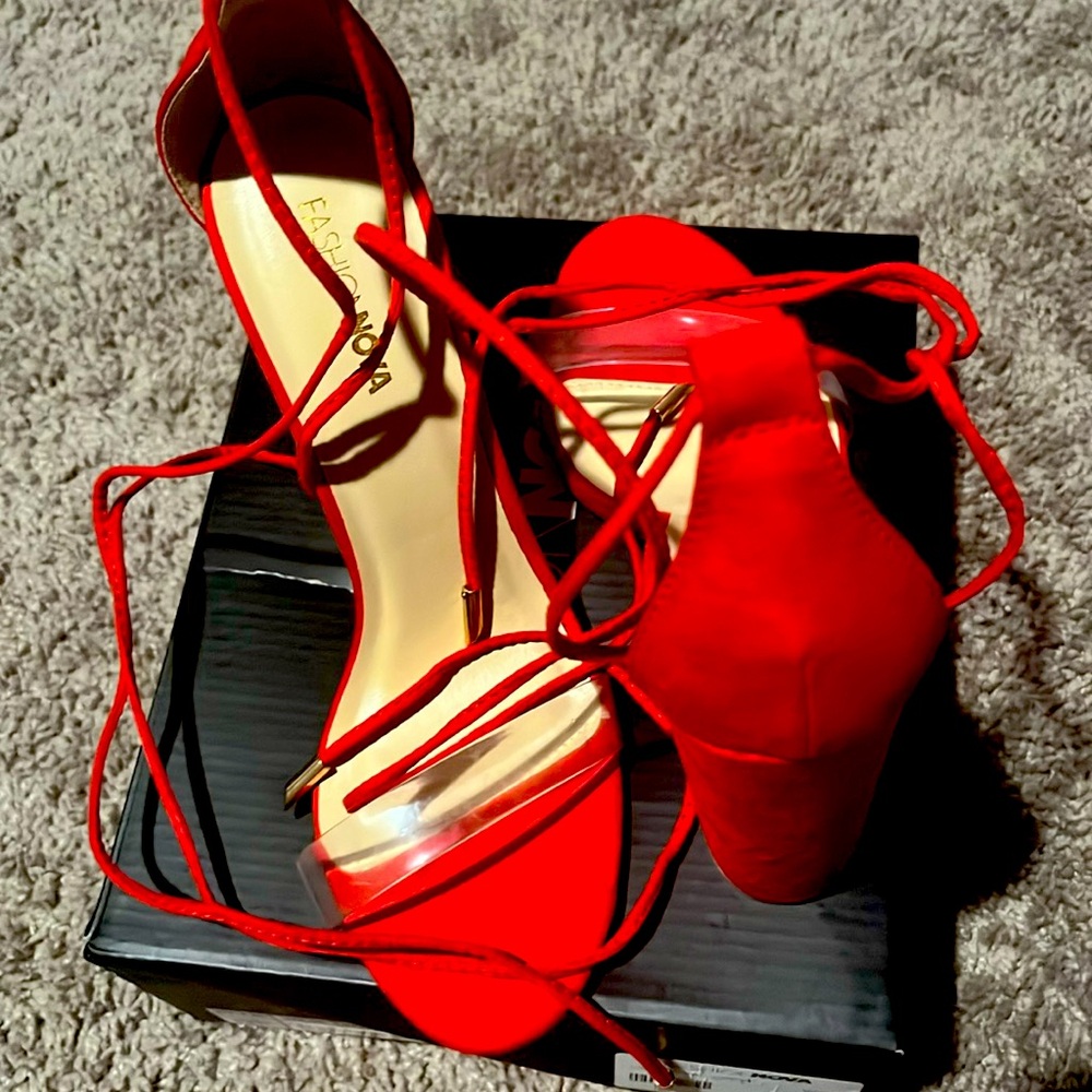 Red lace up clear strap heel